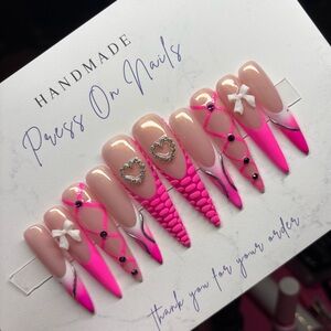 3XL stiletto press on nails rhinestones pink bow French tips white ombré silver